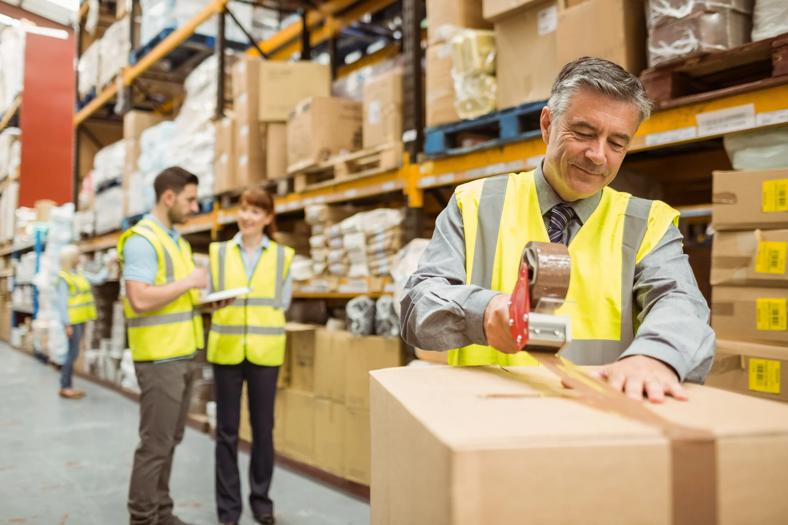 Workers in the warehouse are packing, while nearby staff are counting the goods.